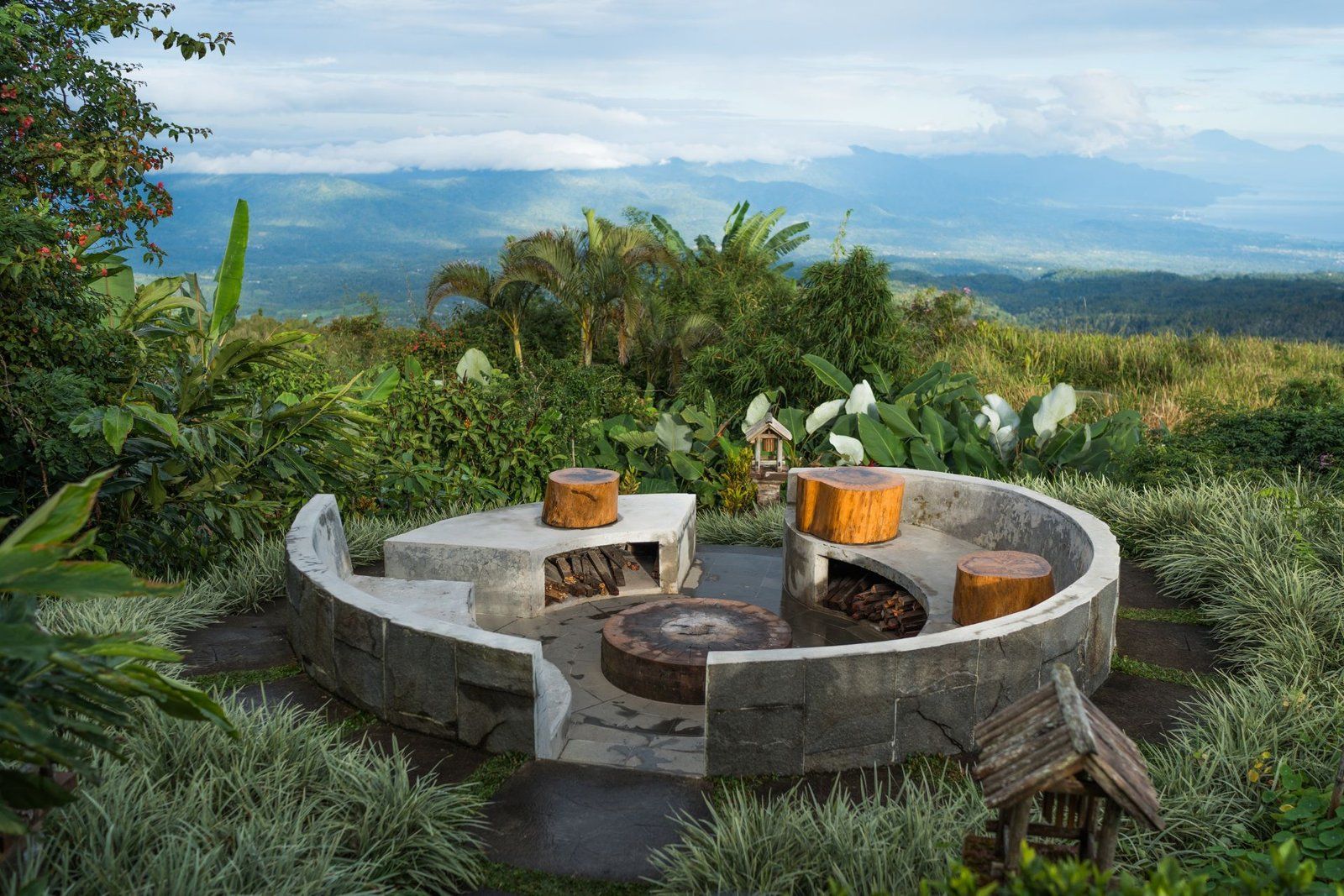 A fire pit lit in the evening